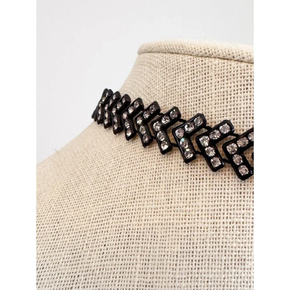 Black Chevron Rhinestone Choker Necklace Goth Steam Punk Dark Jewelry